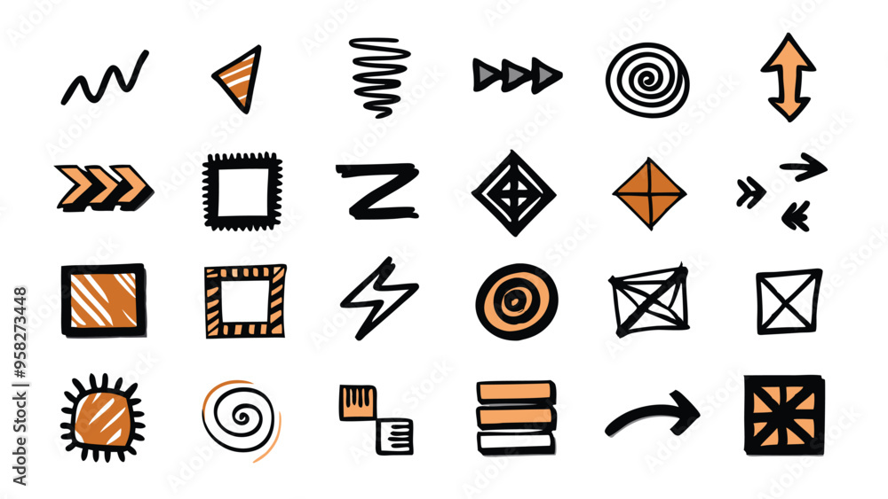 Hand drawn brush vector set of grunge arrows, lines, and geometric shapes. Hand drawn brush vector set of grunge arrows, lines, and geometric shapes.