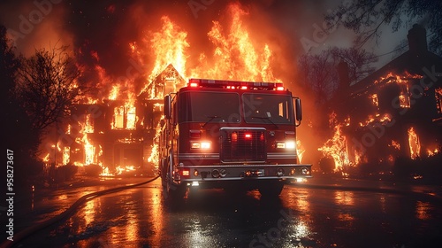 A fire engine racing towards a house engulfed in flames, night setting with glowing fire reflecting off the dark sky, dramatic lighting, realism, insurance imagery