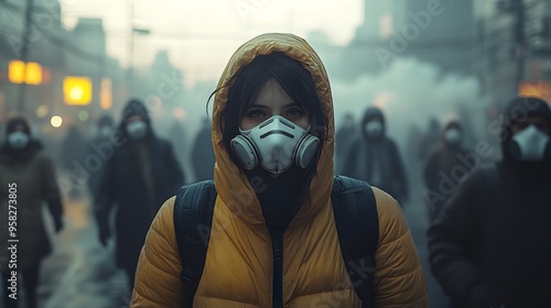 People walking on a bridge through a heavily polluted city, their faces covered with masks, created as a 3D digital art piece to highlight the human struggle against the toxic air. photo