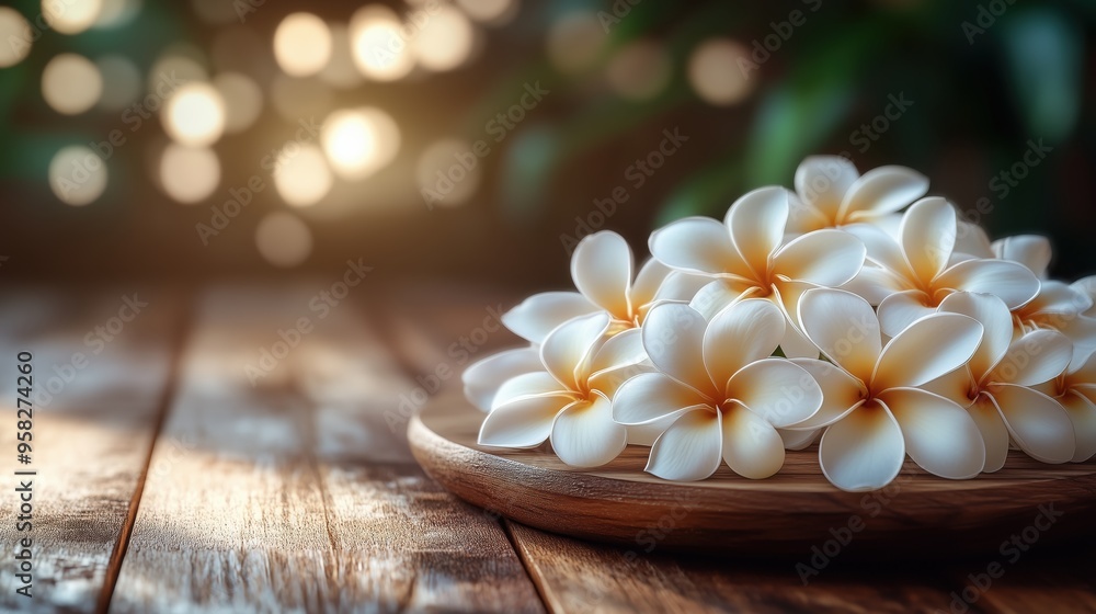 Frangipani Flowers on Wooden Plate. Cluster of white frangipani flowers arranged on a wooden plate, set on a rustic table, with a blurred warm bokeh background. Frangipani Flowers on Wooden Plate. Cluster of white frangipani flowers arranged on a wooden plate, set on a rustic table, with a blurred warm bokeh background.
