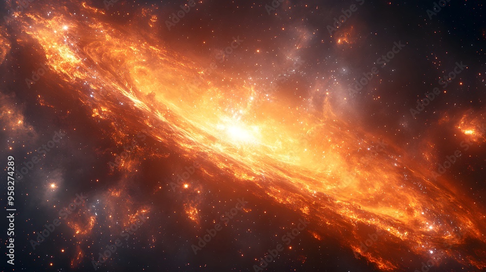 Obraz premium Interstellar space with a blazing galaxy surrounded by a curtain of fiery dust and stars, visualized in a 3D model to capture the dynamic and supernatural nature of the cosmos.