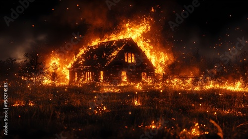 A historic wooden house engulfed in flames, roaring fire at night, burning embers rising, glowing heat reflecting on nearby objects, high contrast scene