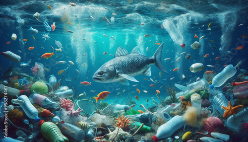 Sea fish swims littered with plastic waste. Ocean pollution.