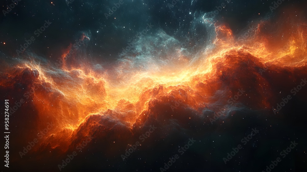 Fototapeta premium Space scene featuring a fiery nebula with swirling patterns and vibrant colors set against a black void, visualized in 3D to convey the supernatural and dynamic nature of the galaxy.