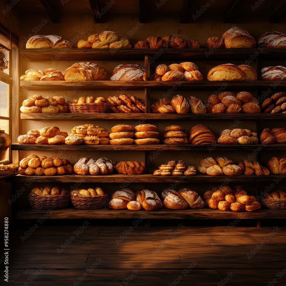 A cozy bakery display showcasing a variety of freshly baked breads on wooden shelves, illuminated by warm sunlight. A cozy bakery display showcasing a variety of freshly baked breads on wooden shelves, illuminated by warm sunlight.