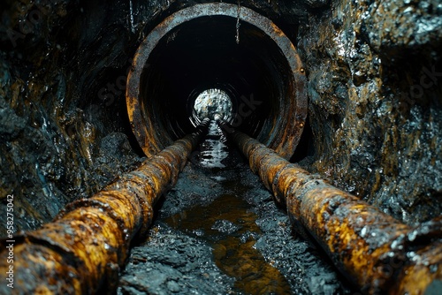 Rusty Pipes Inside A Dark Tunnel photo