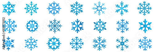 Snowflake icon. Set of different snowflake icons. Christmas decor. Blue snowflakes. Snowflakes template. Vector illustration.