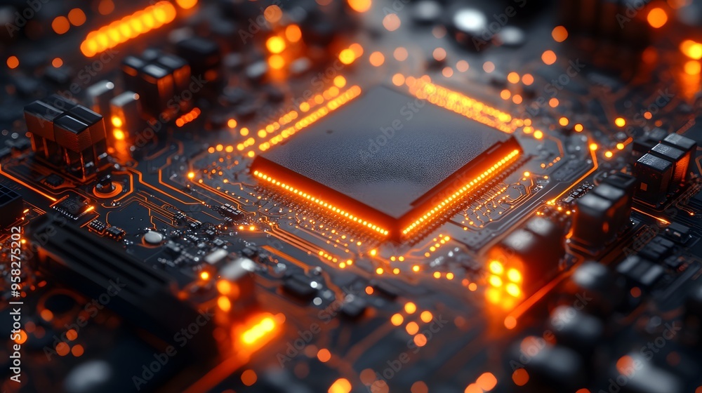 Close-up of a microchip featuring luminous circuits and electronic components, created in 3D to capture the technological innovation and power generation of modern chips. Close-up of a microchip featuring luminous circuits and electronic components, created in 3D to capture the technological innovation and power generation of modern chips.
