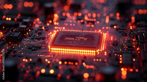 Close-up of a microchip featuring luminous circuits and electronic components, created in 3D to capture the technological innovation and power generation of modern chips. photo