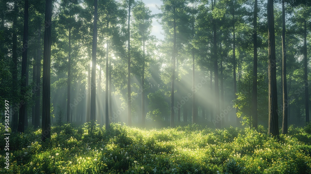 Fototapeta premium A serene forest scene with sunlight streaming through tall trees, illuminating greenery and creating a tranquil atmosphere.