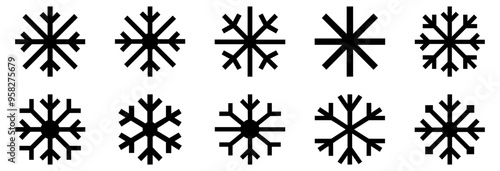 Snowflake icon. Set of thin line snowflake icons. Christmas decor. Black drawn snowflake. Snowflakes template. Vector illustration.