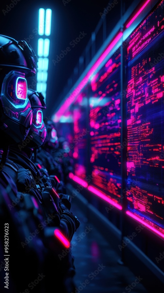 A futuristic scene featuring soldiers in high-tech gear against a vibrant, glowing background of digital data and neon lights. A futuristic scene featuring soldiers in high-tech gear against a vibrant, glowing background of digital data and neon lights.