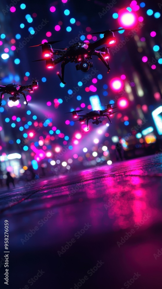 A futuristic scene with drones flying through vibrant city lights, creating a colorful and dynamic urban atmosphere. A futuristic scene with drones flying through vibrant city lights, creating a colorful and dynamic urban atmosphere.