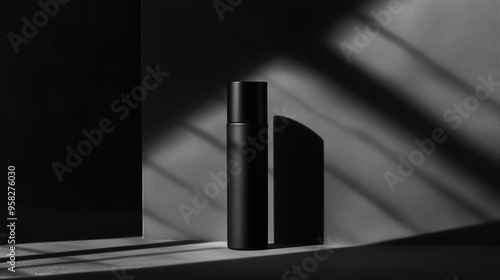 black plastic skincare brand shampoo conditioner bottle on black background shadow blank label mockup masculine hair care product photography branding sunlight