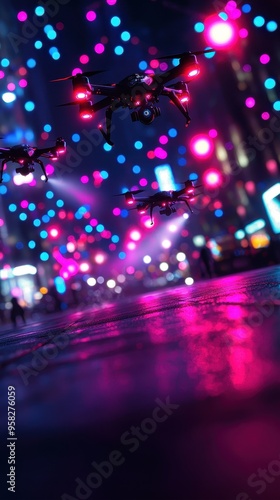 A futuristic scene with drones flying through vibrant city lights, creating a colorful and dynamic urban atmosphere.