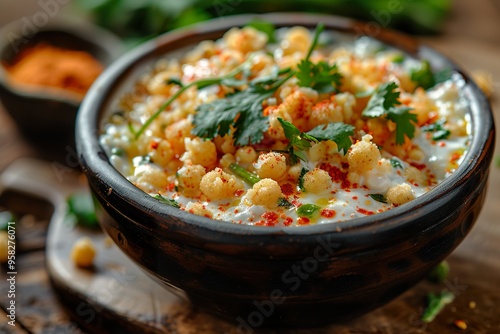 Spicy and cool boondi raita with yogurt and crispy boondi photo