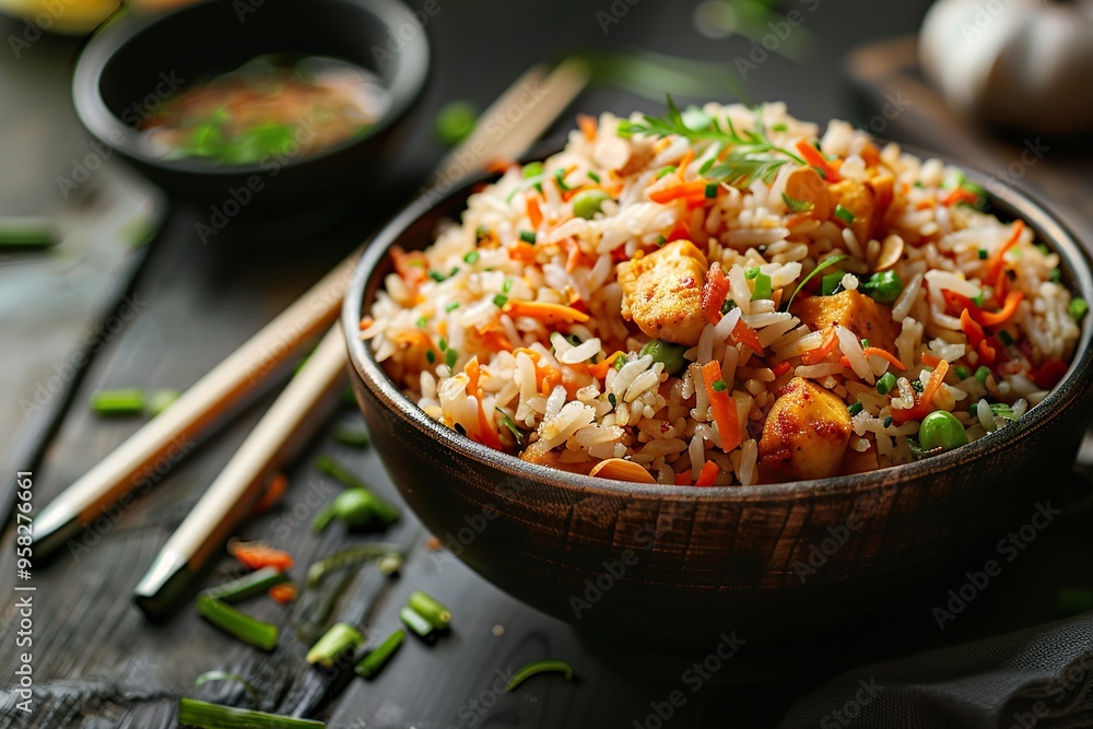 Spicy Szechuan paneer fried rice eaten with chopsticks Spicy Szechuan paneer fried rice eaten with chopsticks