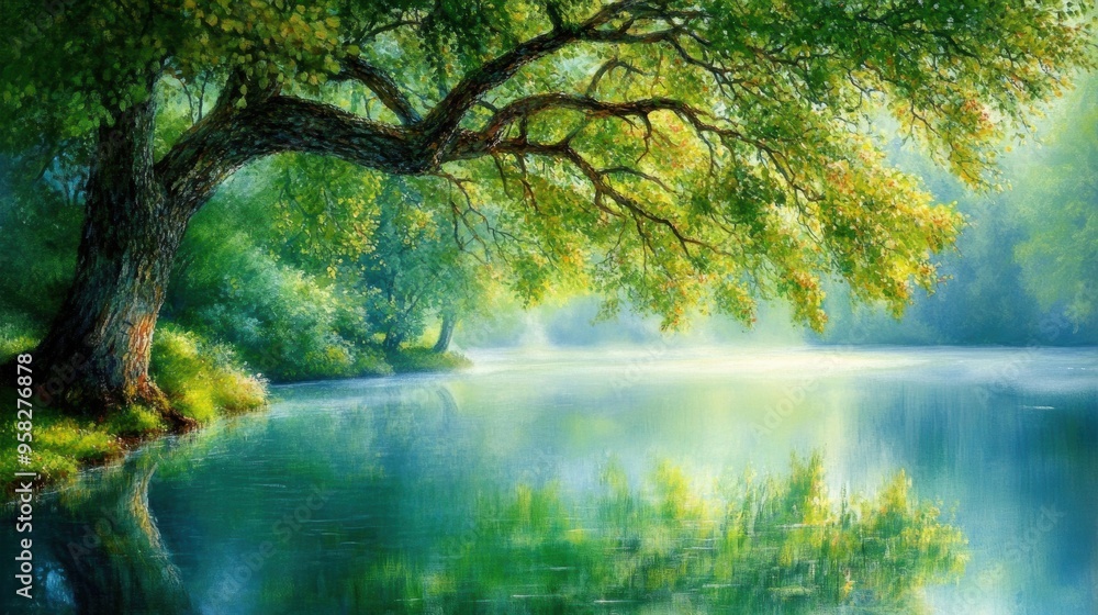 Enchanted lake with morning mist lush greenery Enchanted lake with morning mist lush greenery