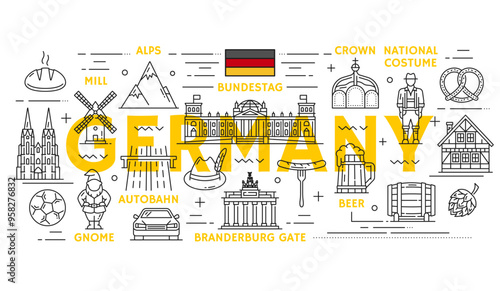 Germany travel, culture and landmarks with sightseeing attractions, vector line icons. Germany flag and national landmarks of Berlin Brandenburg gate and Bavaria beer with architecture
