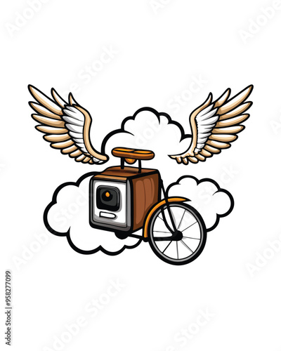 Create a surreal mashup of everyday objects like a camera, bicycle, and wings, floating on a cloud.