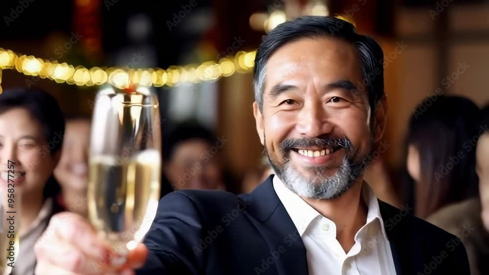 Adult asian man raises his champagne glasses and smiles in toast. New Year Celebration.