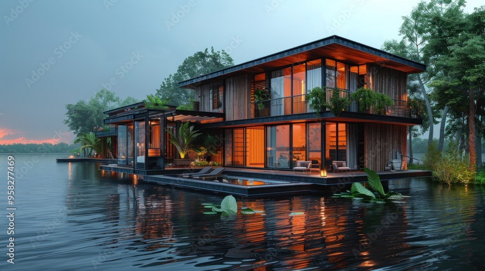A large house is on a lake with a view of the water A large house is on a lake with a view of the water