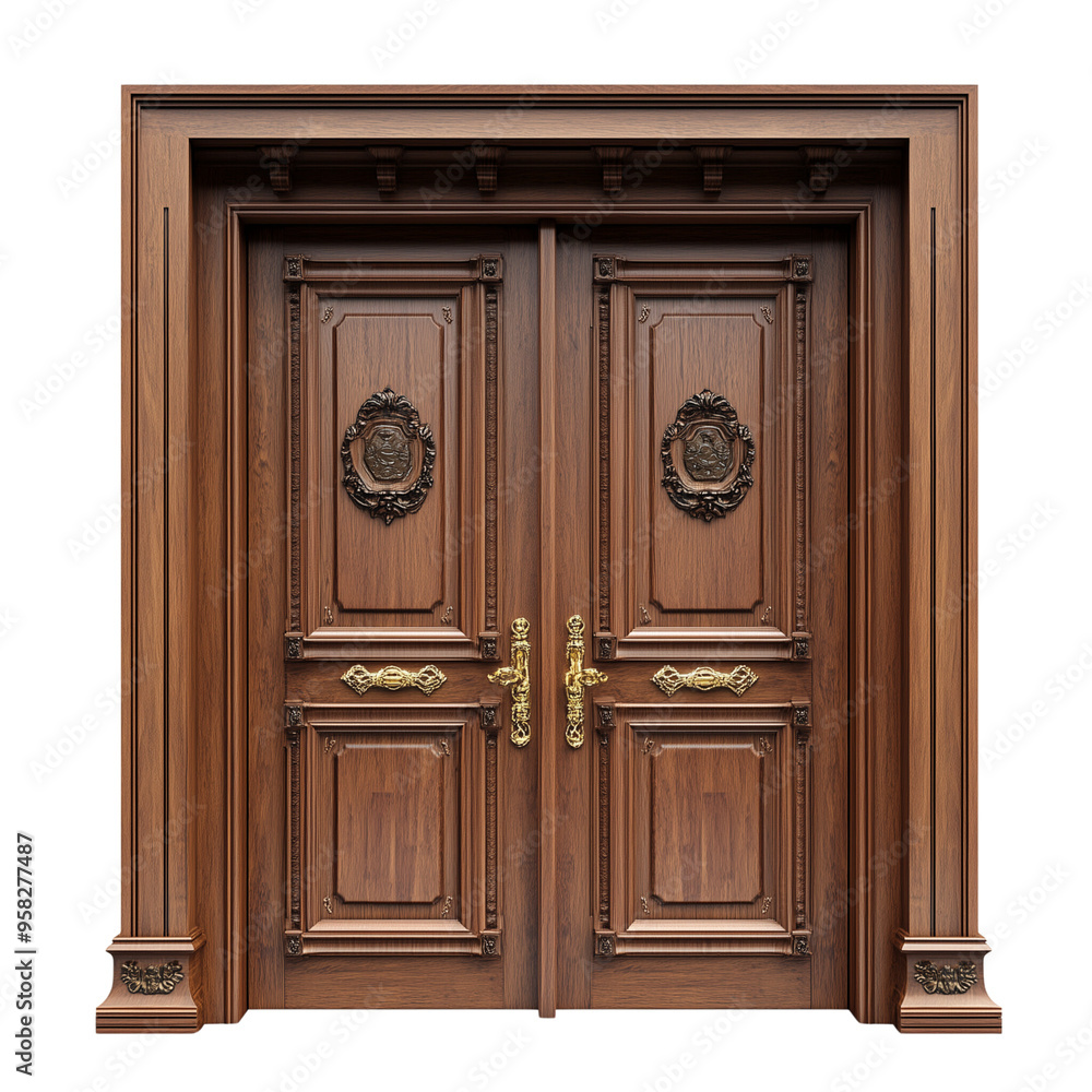 A classic wooden door with ornate brass handles isolated on transparent background A classic wooden door with ornate brass handles isolated on transparent background