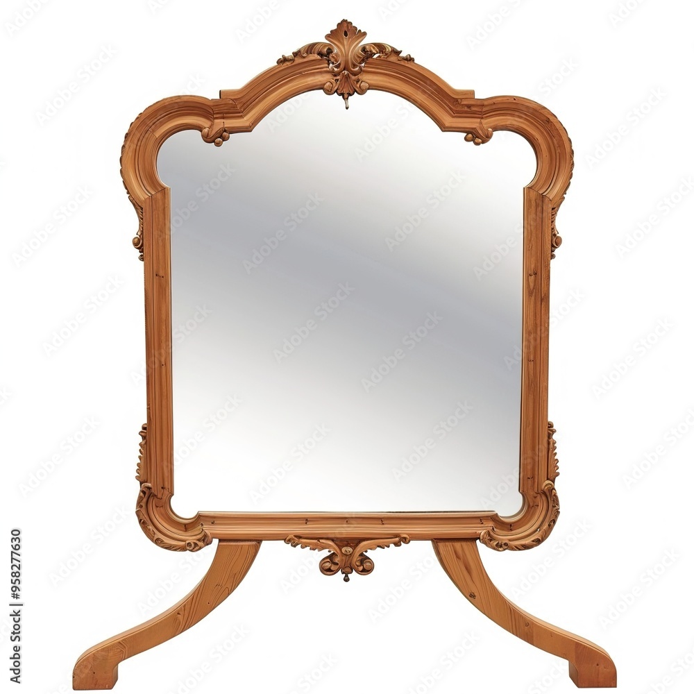 Large antique baroque mirror on curved wooden legs in a decorative wooden vintage carved frame Large antique baroque mirror on curved wooden legs in a decorative wooden vintage carved frame