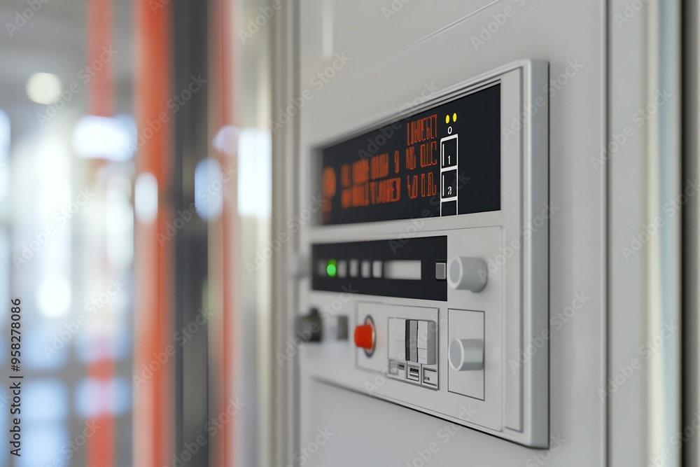 Closeup of a Retro Futuristic Control Panel with Red Text Display Closeup of a Retro Futuristic Control Panel with Red Text Display