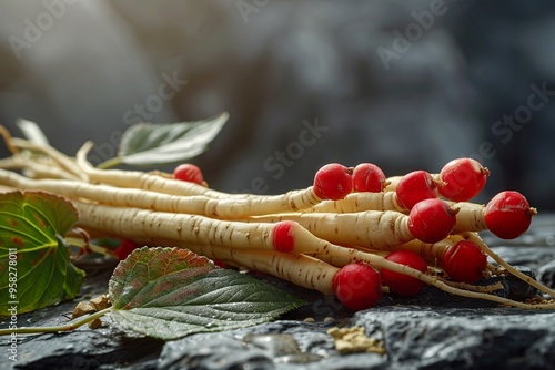 Traditional Indian Ginseng Ashwagandha Displayed in Both Stem and Powder Forms photo