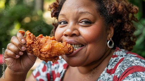 obese woman eating fried chicken photo