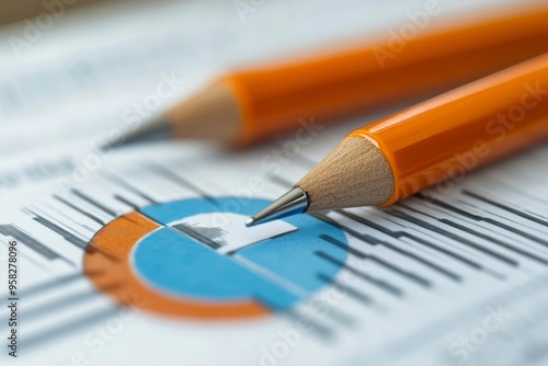 Data-Driven Decisions: Two sharpened pencils rest atop a financial report, emphasizing strategic analysis and planning in business.  