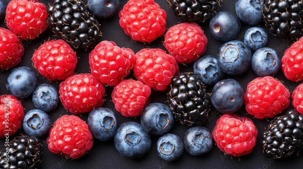Vibrant assortment of fresh berries on dark background Vibrant assortment of fresh berries on dark background