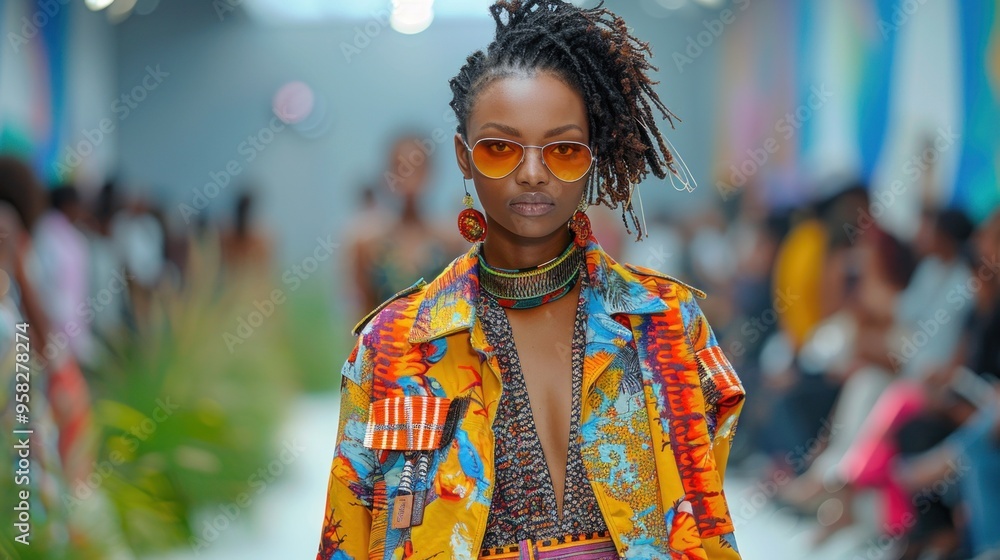 A woman wearing a colorful outfit walks down a runway A woman wearing a colorful outfit walks down a runway