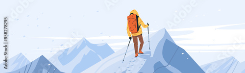 Hiker in yellow jacket with backpack and trekking poles climbing snowy mountain peak under clear sky. Winter adventure landscape