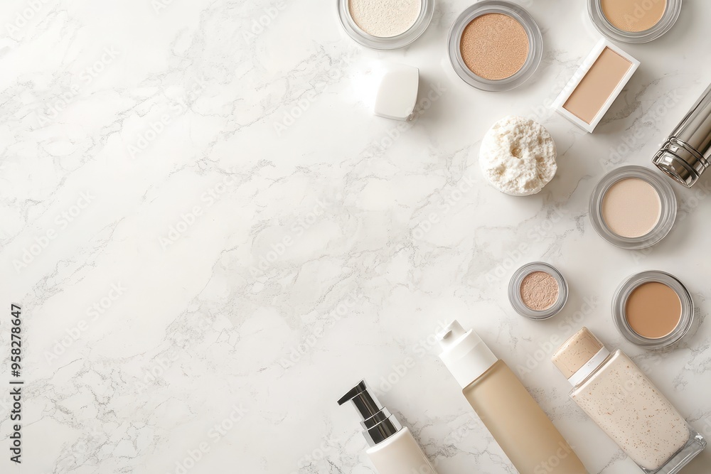 A collection of cosmetic products arranged on a marble surface for beauty application. A collection of cosmetic products arranged on a marble surface for beauty application.