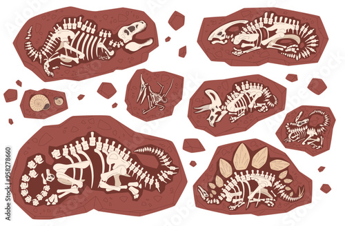 Layer of earth with fossil bones. Archaeological excavations of dinosaur fossils. Studies of ancient animals. Vector illustration on a white background.