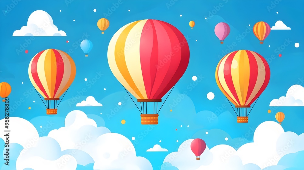 A flat design of a hot air balloon festival with bright, bold colors A flat design of a hot air balloon festival with bright, bold colors