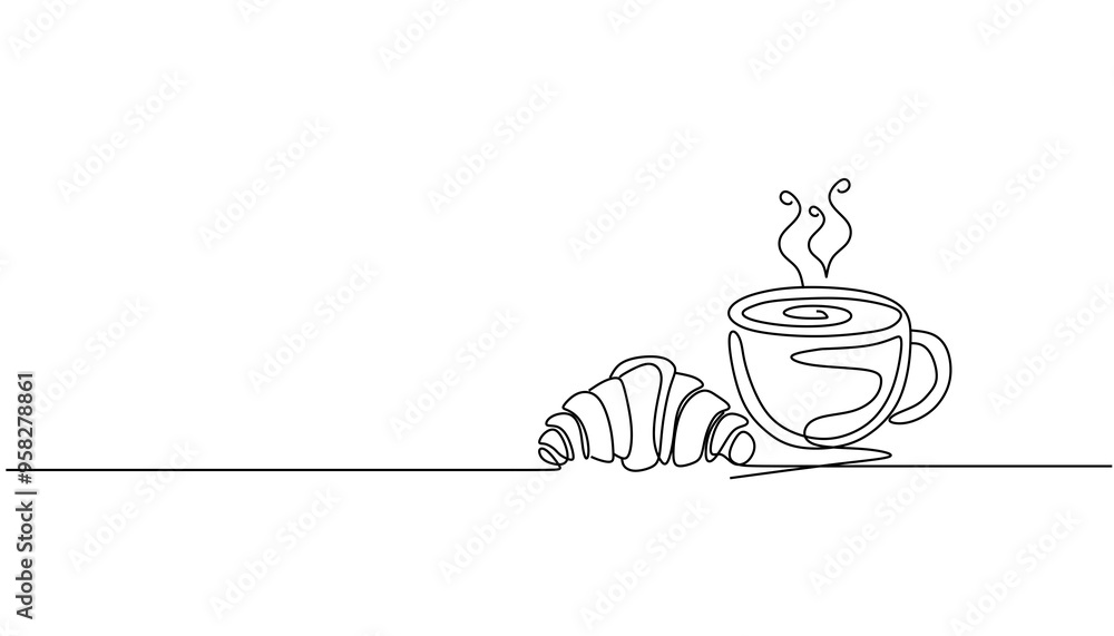 Croissant and coffee drawn in one line style. Croissant and coffee drawn in one line style.