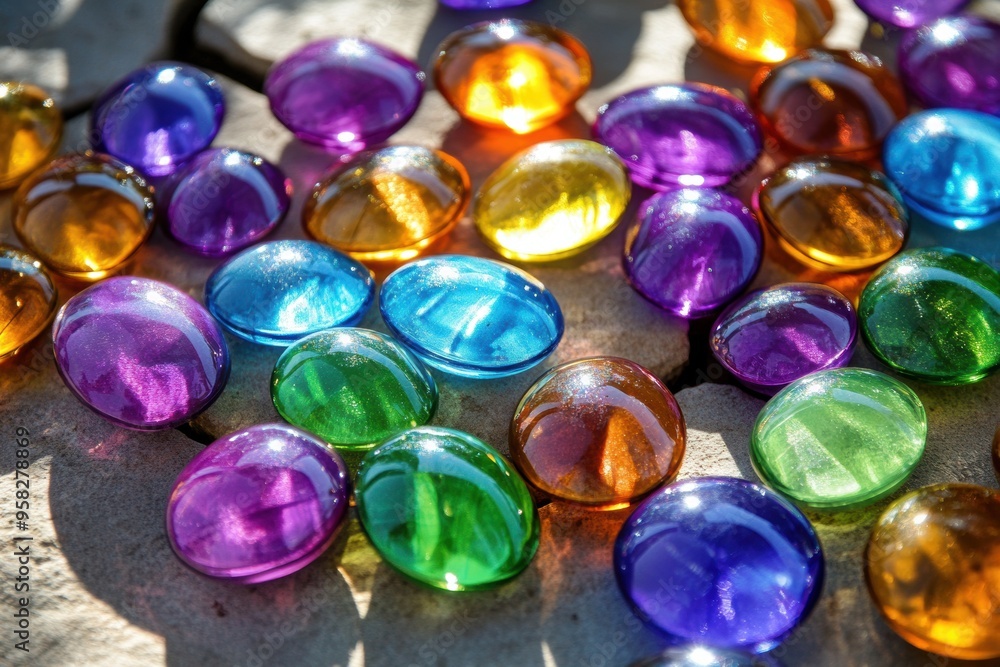 Vibrant collection of colorful glass gems basking in sunlight Vibrant collection of colorful glass gems basking in sunlight