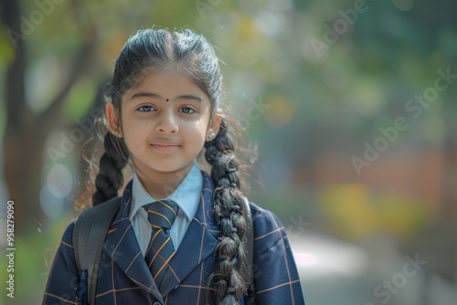 Young Indian Schoolgirl in Uniform Standing with Her Backpack Exuding Joy photo