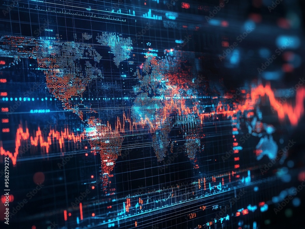 Obraz premium Global Market Trends: A high-tech digital display illuminates global market data, with a world map and intricate graphs depicting financial performance. 