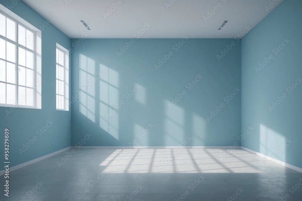 Obraz premium Minimalistic abstract light blue background with shadow and light from windows on the wall, product presentation concept