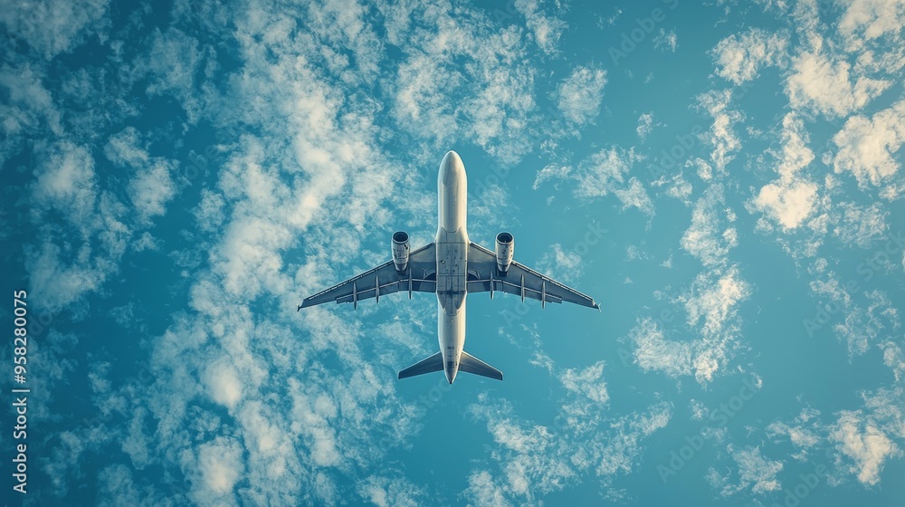 Naklejka premium Vibrant Airplane Soaring in Blue Sky - Travel Mood Closeup Composition for Ad Banner