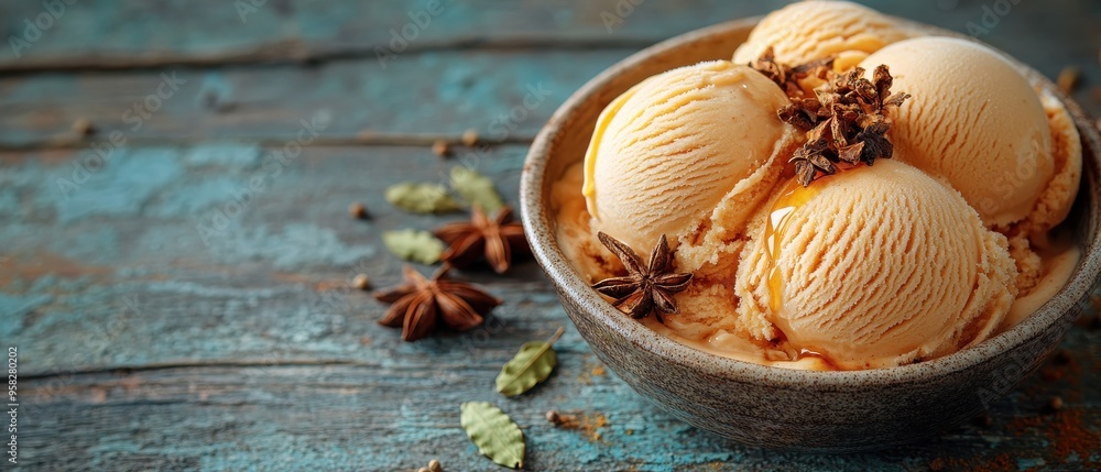 Delicious bowl of creamy ice cream topped with spices, perfect for summer treats or dessert cravings. Delicious bowl of creamy ice cream topped with spices, perfect for summer treats or dessert cravings.