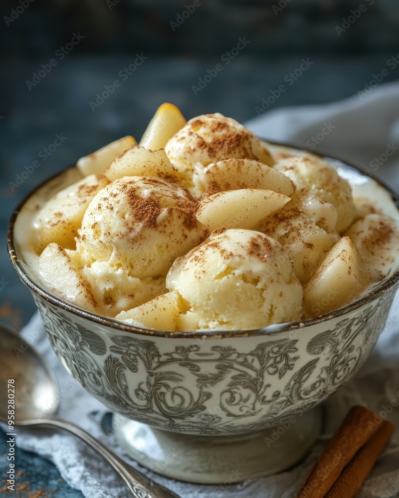 Delicious bowl of creamy vanilla ice cream topped with sliced apples and a sprinkle of cinnamon, perfect for dessert lovers. Delicious bowl of creamy vanilla ice cream topped with sliced apples and a sprinkle of cinnamon, perfect for dessert lovers.