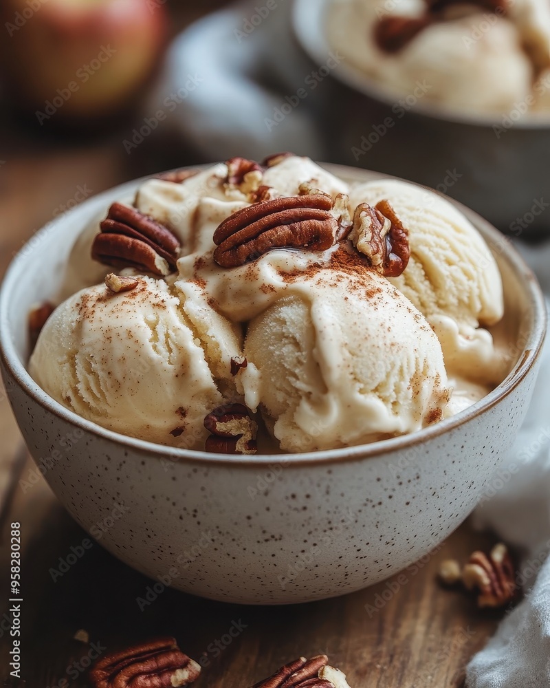 Delicious bowl of creamy vanilla ice cream topped with crunchy pecans, perfect for a delightful dessert experience. Delicious bowl of creamy vanilla ice cream topped with crunchy pecans, perfect for a delightful dessert experience.