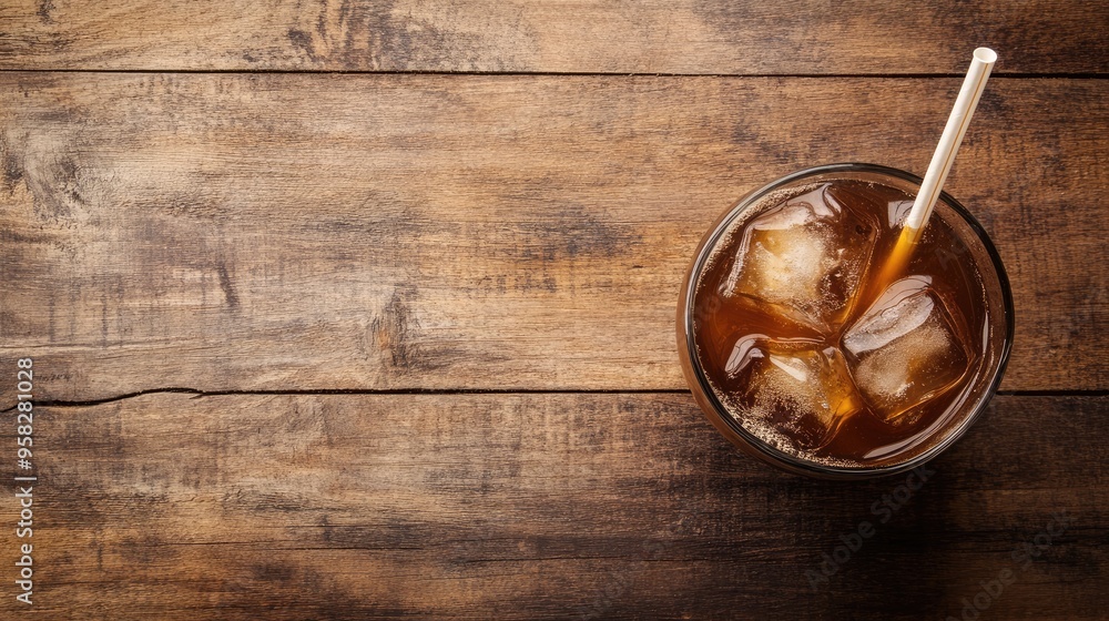 A top-down view of a perfectly crafted iced coffee, complete with ice cubes and a straw, resting on a wooden table, showcasing the simplicity and appeal of a cold brew. Plenty of space for copy. A top-down view of a perfectly crafted iced coffee, complete with ice cubes and a straw, resting on a wooden table, showcasing the simplicity and appeal of a cold brew. Plenty of space for copy.