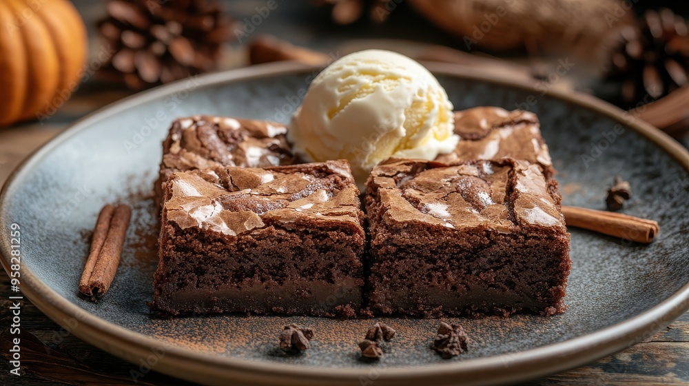Delicious chocolate brownie served with a scoop of vanilla ice cream, surrounded by festive autumn decorations. Delicious chocolate brownie served with a scoop of vanilla ice cream, surrounded by festive autumn decorations.