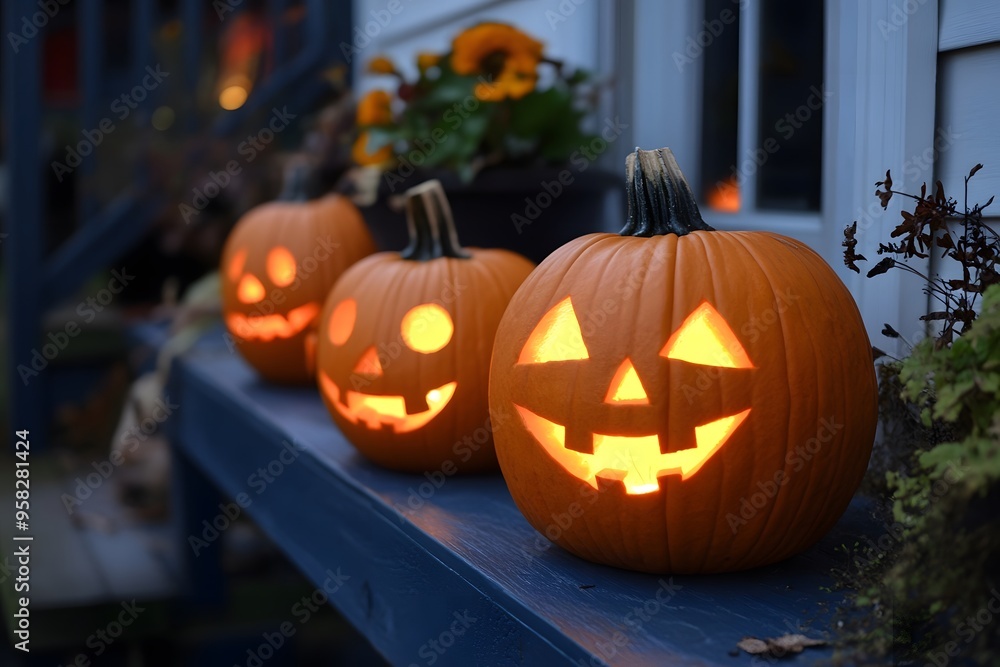 Glowing pumpkins lantern halloween. Generative AI. Glowing pumpkins lantern halloween. Generative AI.